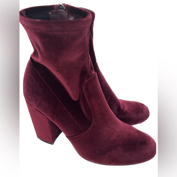 Steve Madden Shoes - Burgundy velour sock booties with zipper. Heel size 4 inches.
